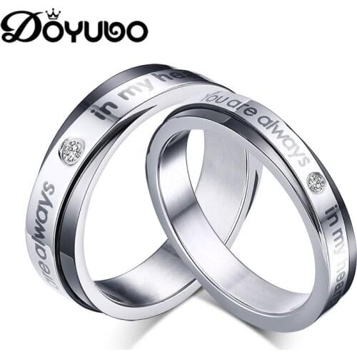 DOYUBO Romantic Lovers Stainless Steel Rings Engraving "You are always in my love " For Couples CZ Fashion Finger Rings DF021