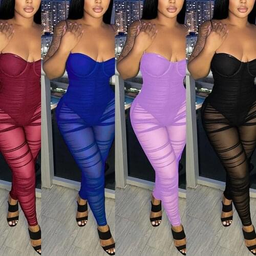 OMSJ Nightclub See Thourgh Jumpsuit For Women Sling Mesh Patchwork Backless Sexy Bodycon Folds Rompers Outfits Overall Outfits