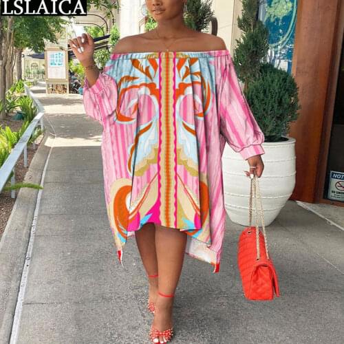Summer Dresses for Women on Sale Off The Shoulder Print Long Sleeve Beachwear Chic Woman Dress Loose Casual Womens Party Dress