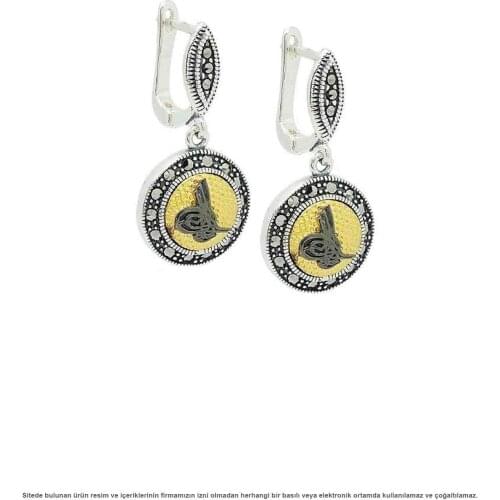 Silver Marcasite Ottoman Tuğralı Womens Earrings Gold Plated