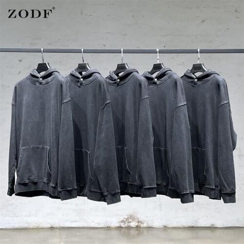 ZODF New 2021 Autumn Winter Men Solid Hoodies Washed Retro Loose High Street Cotton Sweatshirts Pullover Brand Tops HY0158