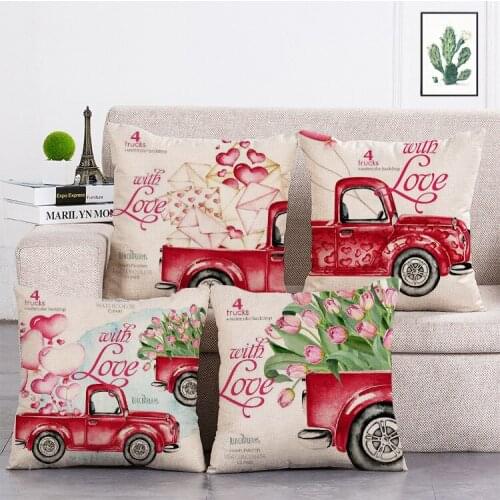 Valentines day red truck love Printed Cushion Cover Linen Throw Pillow Car Home Decoration Decorative Pillowcase T460