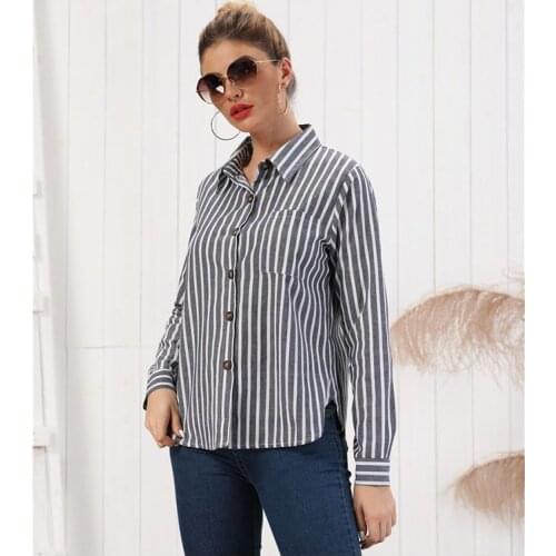 Neatie kiddie Stripe Fashion Women Office Lady Blouse Single Breasted Long Sleeve Pocket Top Shirt Casual Clothes