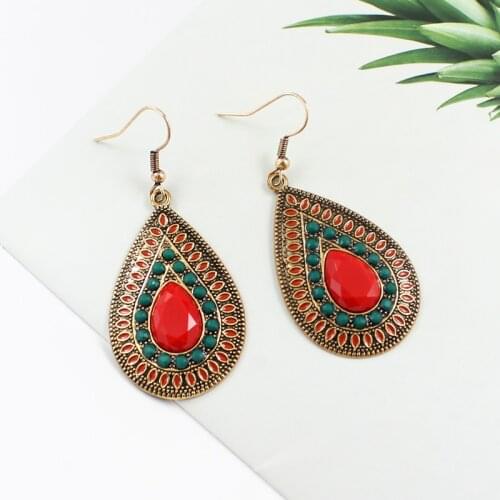 New Fashion Red-green Rhinestone Bohemian droop Earrings Elliptical droplet shape eardrop Jewelry for Womens Wedding Party boho