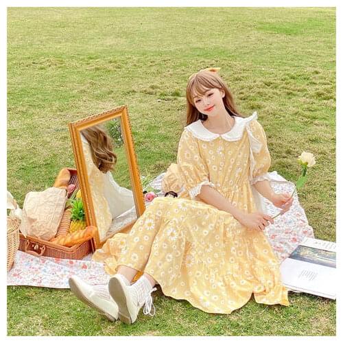 Teens Girl High School Students Summer 2021 New Loose And Sweet Yellow Daisy Printing Teenage Long Dresses