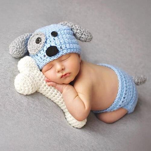 2pcs Newborn Photo Photography Baby Cute Crochet Knit Briefs Dog Shape Hat Photo Props Outfits DIY Prop