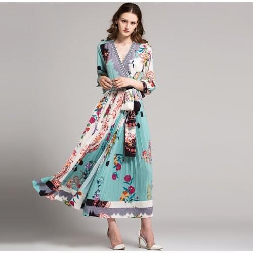 Wholesale Dresses Women Fashion V-Neck Lantern Sleeve Color Patchwork Flowers Print Hot Sale Vacation Pleated Dress