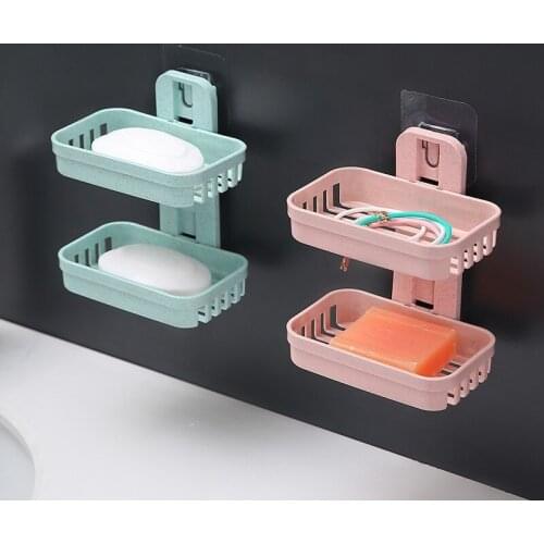 Punch-Free Kitchen Bathroom Organizer Shower Wall Shelf Soap Box Dish Storage Box Plate Tray Holder Double Case Soap Home Decor