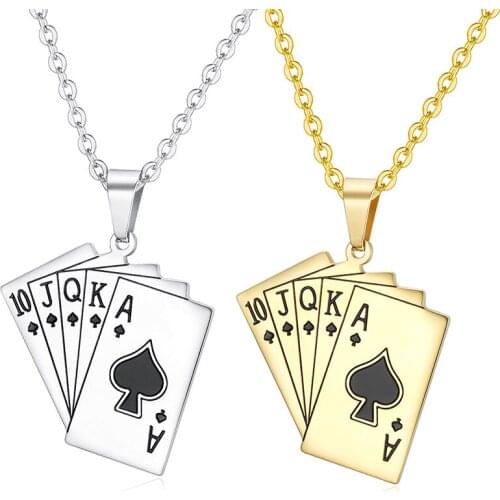Necklaces For Men Vintage Straight Flush Pendant Necklace Silver Color Chain Poker Hip Hop Jewelry