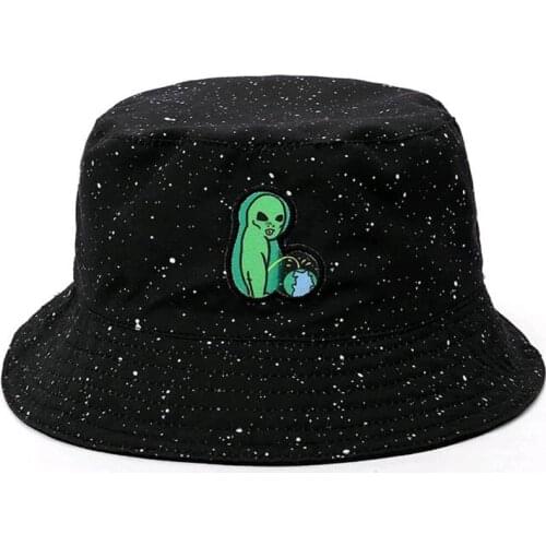 Funny Alien Bucket Hat Summer Mens Double-Sided Panama Hat Reversible Beach Bob Hip Hop Caps Fishing Cotton Sun Fisherman Hat