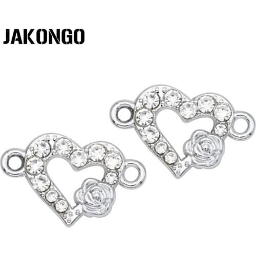 JAKONGO Silver Plated Crystal Heart Love Connector for Jewelry Making Bracelet DIY Accessories Handmade Craft 18x12mm