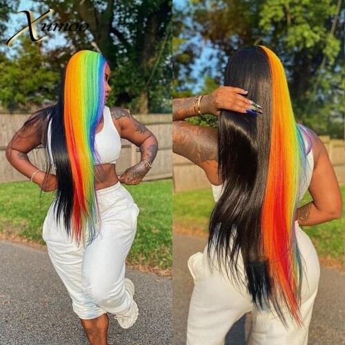 XUMOO Cosplay Ombre Rainbow Bone Straight Synthetic Wig None Lace Heat Resistant Fiber Party Synthetic Wigs For Black Women