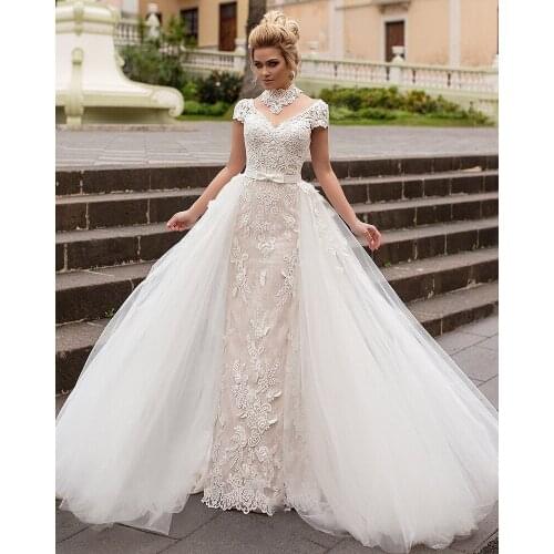Vestido De Novia Detachable Train Mermaid Wedding Dresses Short Sleeve Robe De Mariage High Neck Tulle Sukienka Na Wesele