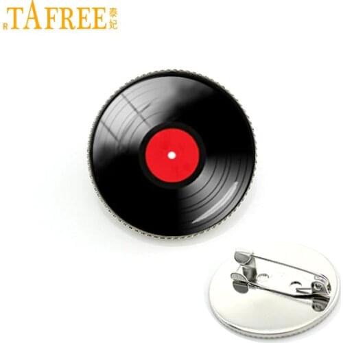 TAFREE Vinyl Record LP DJ for Men Retro Mus Art Pture lass Cabochon dome Brooch Pins for Him or her Fashion Jewelry Gift KC141
