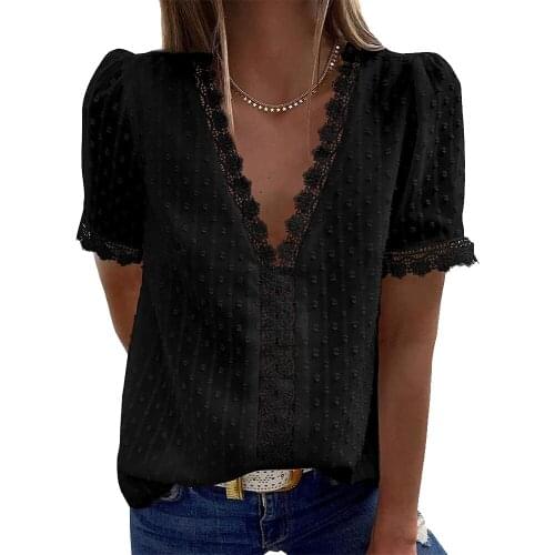 Womens Spring Summer Fashion Casual Deep V Neck Flowy Chiffon Sleeves Solid Color Lace Trim Top Swiss Polka Dot T-Shirt
