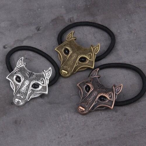 Norse Vikings Accessories Crystal Wolf Head Black Elastic Hair Rubber Bands Animal Hair Rope Women Fashion Head Jewelry
