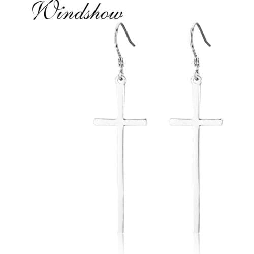 Solid 925 Sterling Silver Long Cross Drop Dangle Hook Earrings For Womens Girls Jewelry boucle d'oreille pendientes Aros Aretes