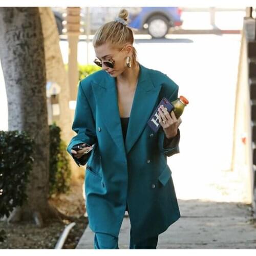 Hailey Baldwin Fashion 2020 Designer Jacket Womens Double Breasted Loose Casual Blue Outer Wear Blazer Tops Coat