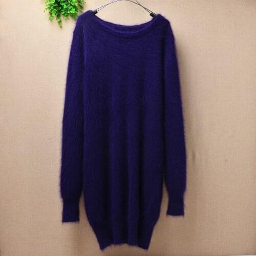 Top mujer femme fashion long slim long sleeves angora rabbit fur knitted pullover cashmere sweater knitwear blouses dress winter