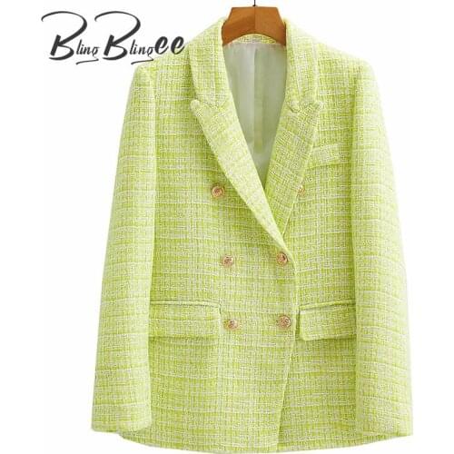 BlingBlingee Tweed Woolen Woman Casual Blazers Autumn Winter Metal Double Breasted Flap Pockets Long Jackets Green Coats 2021