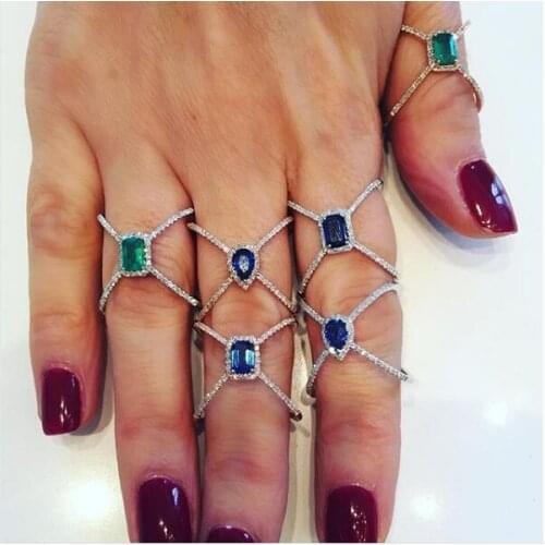 Finger Band Jewelry Silver Color Rings with green blue Cubic Zirconia Crystal Tear Drop Stone Rings for Women 2018 New arrive