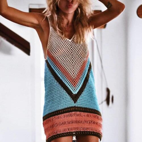 2018 New clothes Women Sexy Crochet Cover Fishnet Wrap Handmade Smock Sleeveless V-neck Summer Beach Mini Dress vetement femme