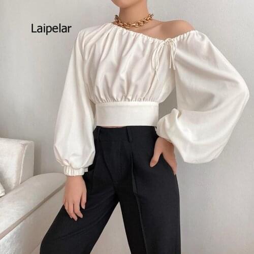 2021 Autumn and Spring New Womens Solid Color Slant Shoulder Lace Up Lantern Sleeve Elastic Waist T-Shirt