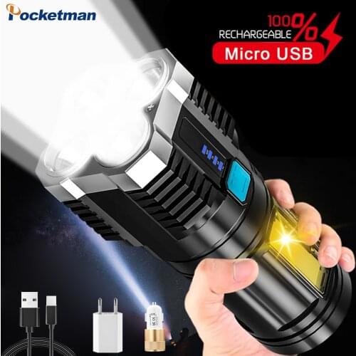 4 Core LED Flashlight 500M Long Range Torch USB Rechargeable Flashlights Waterproof Hand Light with COB Side Searching Light