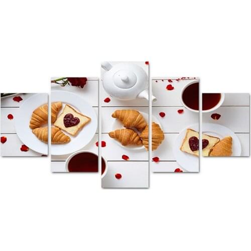 5 Pieces Coffee Croissant Modular Picture Wall Art Home Living Room Decoration Hd Printed Modern Painting On Canvas Posters