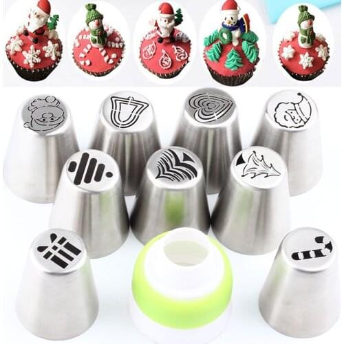 9Pcs Icing Piping Christmas Russian Tips Pastry Nozzles And 1Pcs Coupler Converter Pastry Stainless steel Baking Confectionery