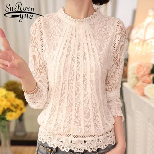 Spring Autumn New Ladies White Blusas Womens Long Sleeve Chiffon Lace Crochet Tops Blouses Women Clothing Feminine Blouse 51C