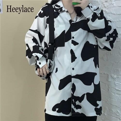 Cow Print Women Blouses Korean Style Fashion Autumn 2021 Button Up Shirt Loose Long Sleeve Women Shirt Leisure Tops