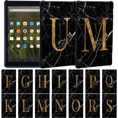 Tablet Case for Amazon HD 10(5th/7th/9th Gen)/Fire 7/HD 8(6th/7th/8th Gen)- Black Marble Letter Back Case + Pen