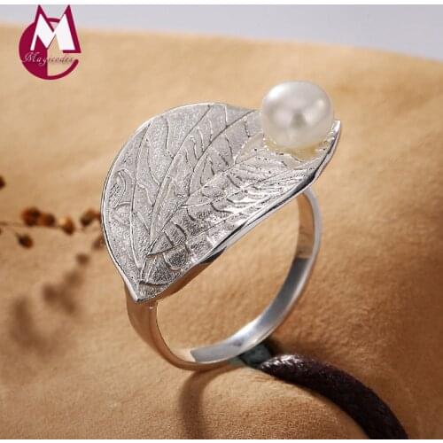 Natural freshwater Pearl Leaf Initial Adjustable Ring 100% 925 Sterling Silver Jewelry 2019 Women Wedding band knuckle Ring R37