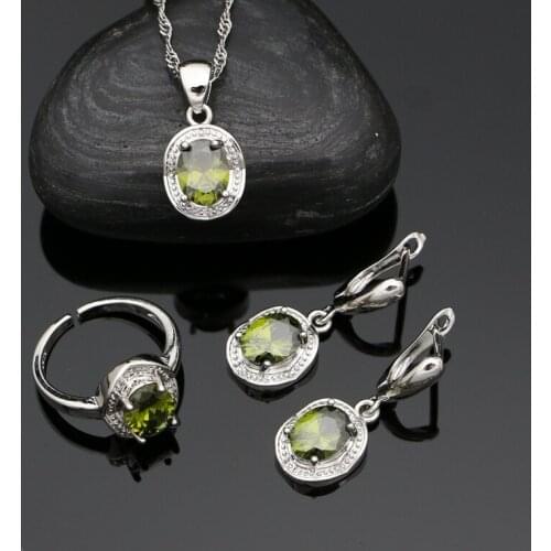 925 Sterling Silver Jewelry Set Oval Cubic Zirconia for Women Open Ring Chain Earrings Pendant Olive Green Stone Jewelry
