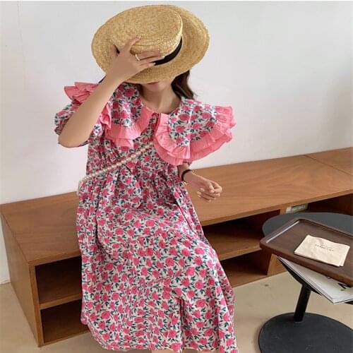 Korea Ghost Horse Girl Sweet Flowers Big Doll Collar Sweet Chiffon Dress