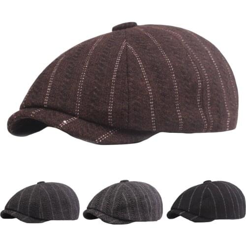 Men Cotton Octagonal Stripe Newsboy Cap Gatsby Peaked Warm Cabbie Golf Baker Hat