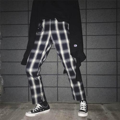 NiceMix Korean Ulzzang Split Pants With Ring Black White Lattice Casual Pants Japanese Harajuku Street Fashion Female Pen