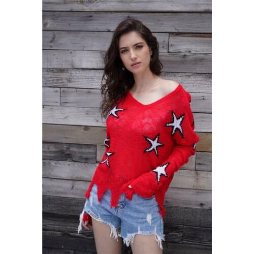 H80&S90 Sexy New Star Red Jacquard Knitted Crop Sweater Women Clothes Female Jumper Pullover Long Sleeve Tops