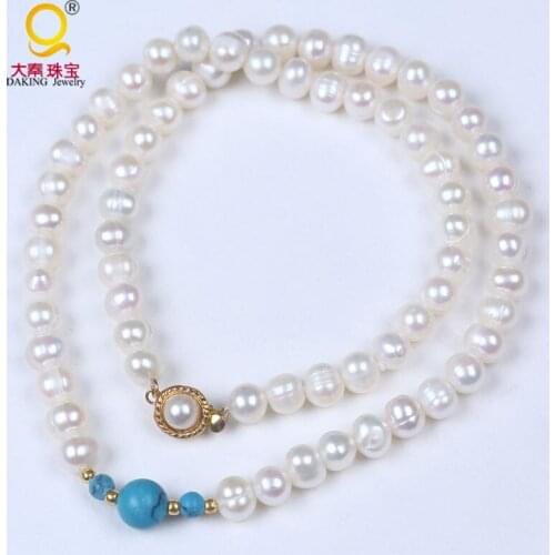 Handmade white freshwater pearl bead necklace 6-7mm potato shape pearl choker necklace with three stone ball bead