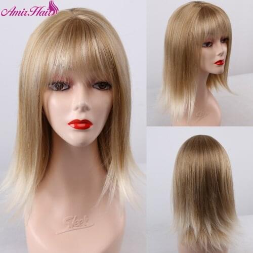 Amir Medium Synthetic Wig With Neat Bangs Ombre blonde White Color Heat Resistant Hair Wigs for Women Cosplay Daily Party Hair