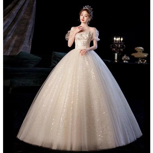 Bling Sequins Fabric Short Sleeve New Vestidos De Noiva 2021 Elegant Suknia Slubna Wedding Dress Princess Wedding Gown Trouwjurk