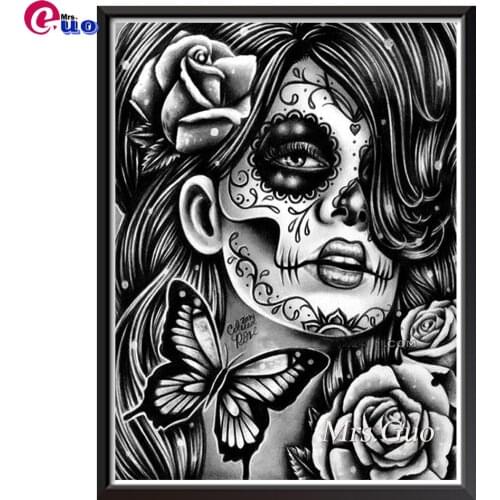 Full Square/Round Diamond Embroidery Rose Skull Tattoo Woman,5d Diy Diamond Painting Lover,Mosaic Puzzle 3d Rhinestone Arts