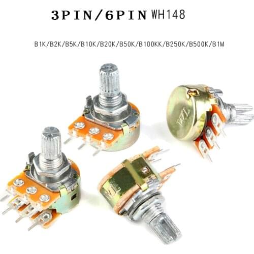 5PCS WH148 Potentiometer 3Pin 6pin B1K B2K B5K B10K B20K B50K B100K B250K B500K B1M Shaft Amplifier Dual Stereo molewei 20/15mm