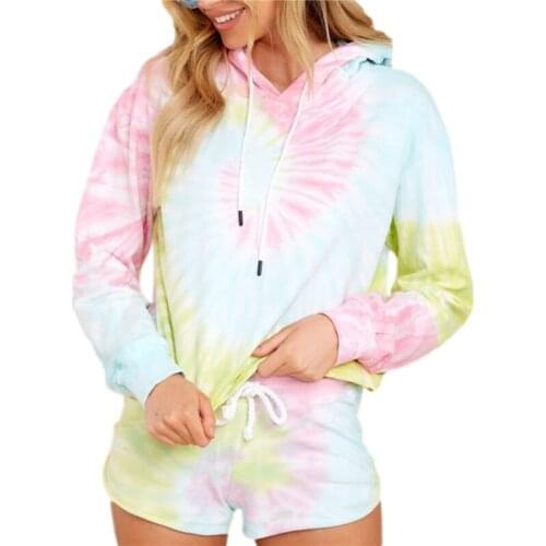 Casual Women Tie-Dyed Sportswear Autumn Running Sets Hooded Long Sleeves Sweatshirt Drawstring Shorts Female Workout Suits
