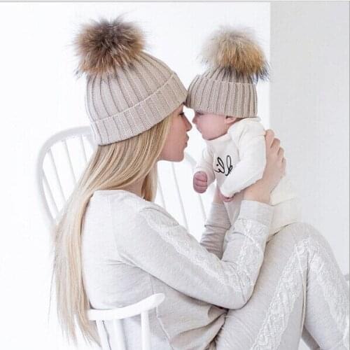 Real hair ball parent-child wool hat