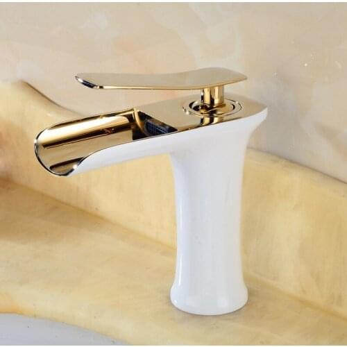 Bathroom Basin Faucet White and gold Brass Sink Waterfall faucet Single Hole Cold Hot Water Tap Basin Faucet Mixer Tap Torneira