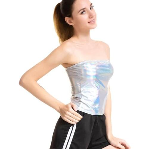 Women Sexy Tube Top Shiny Metallic Crop Top Dance Costume Bra Top Strapless Faux Leather Pole Dancing Stage Dancewear No-padded