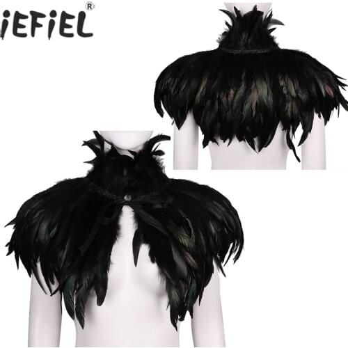 Womens Gothic Cocktail Victorian Natural Feather Cape Shawl Stole Poncho with Choker Collar for Halloween Costume Party Clubwear