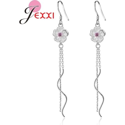 Romantic Flower with Long Chains Pendant Earrings Noble Symbol Original Brand Bridal Wedding Jewelry 925 Sterling Silver
